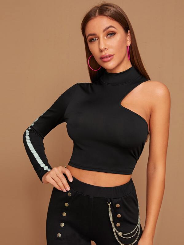 

Asymmetrical Shoulder High Neck Tee, Black, Hanna
