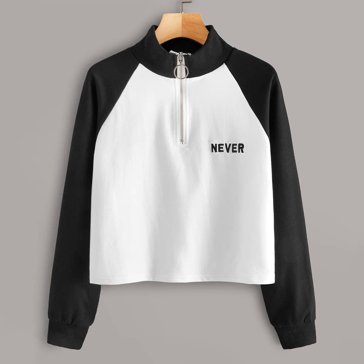 

Letter Embroidery Half Zip Raglan Sleeve Sweatshirt, Black and white