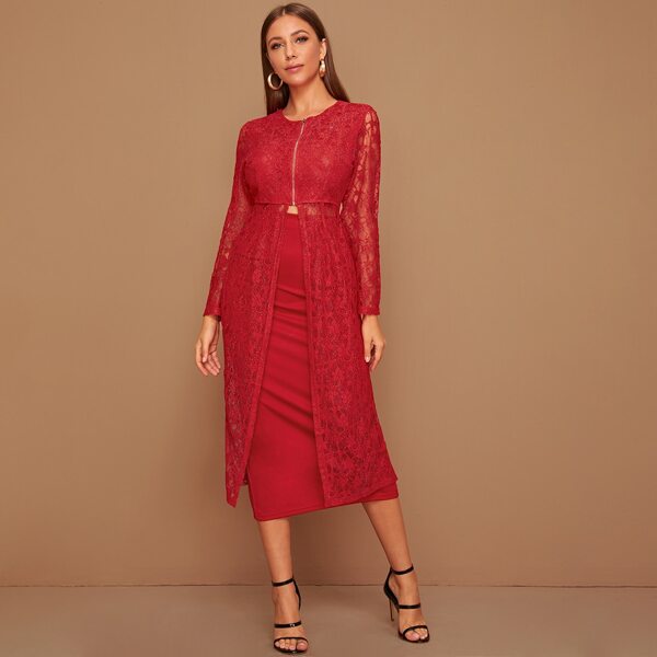 

Zip Up Lace Overlay Split Hem Top & Skirt, Red