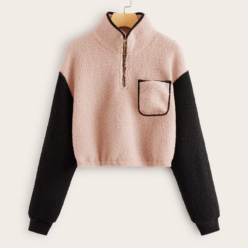 

Contrast Panel Half Zip Crop Teddy Sweatshirt, Pink