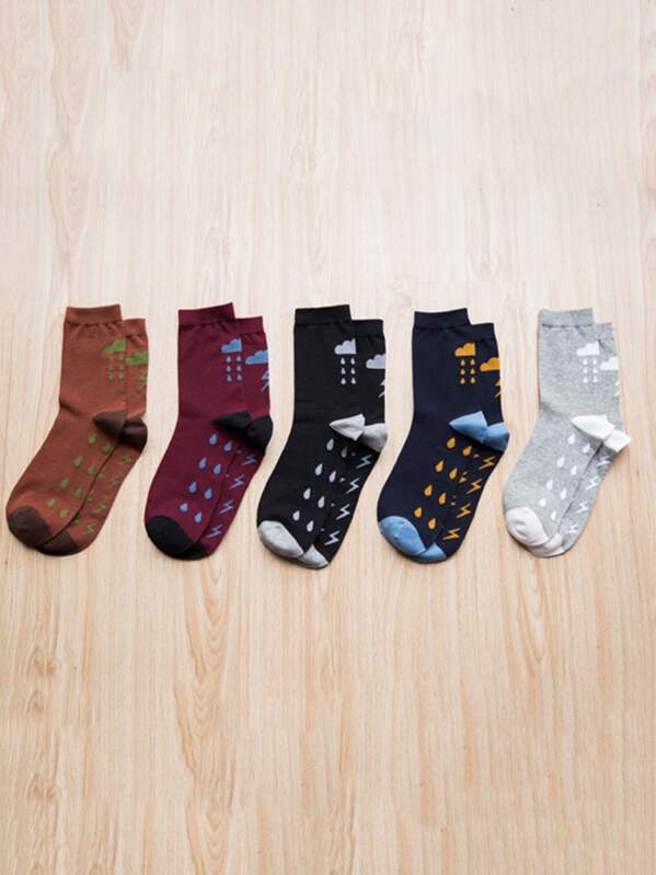 

5pairs Men Raindrop & Thunder Pattern Socks, Multicolor