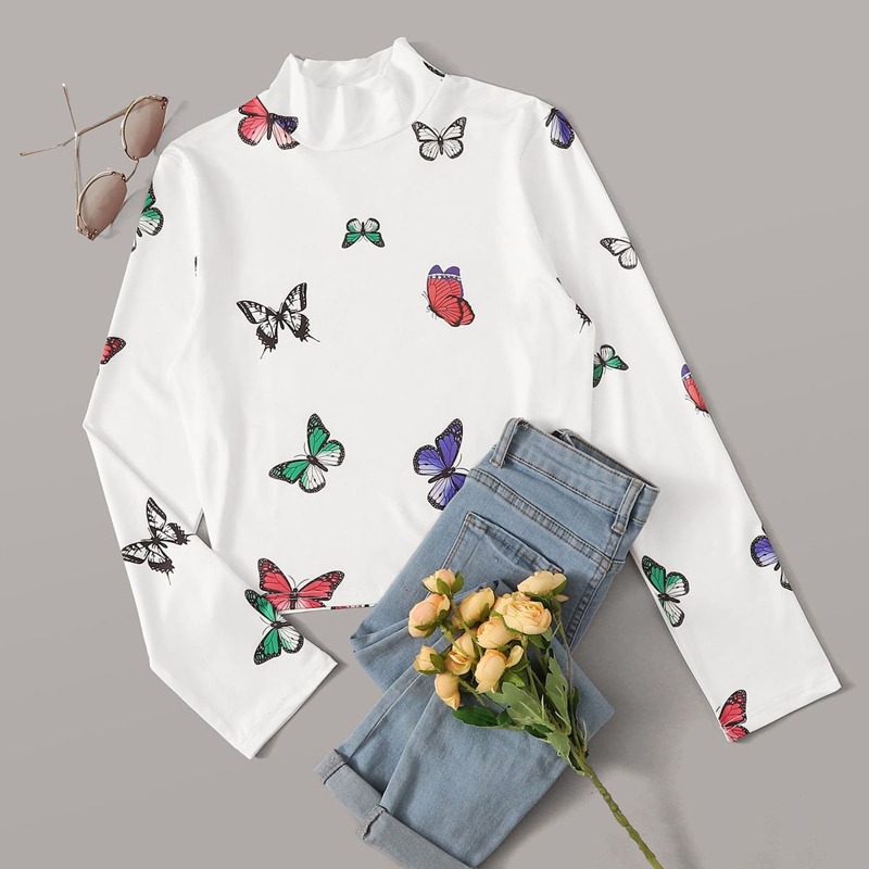 

Butterfly Print Mock Neck Tee, White