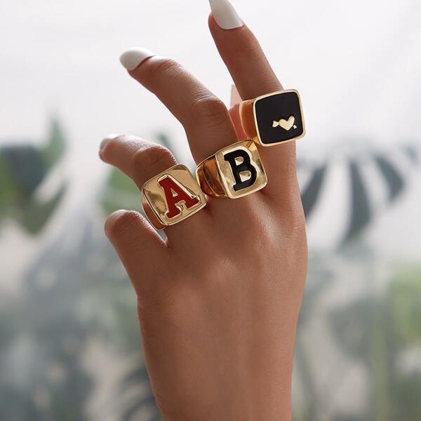 

3pcs Letter Print Thick Ring Set, Gold