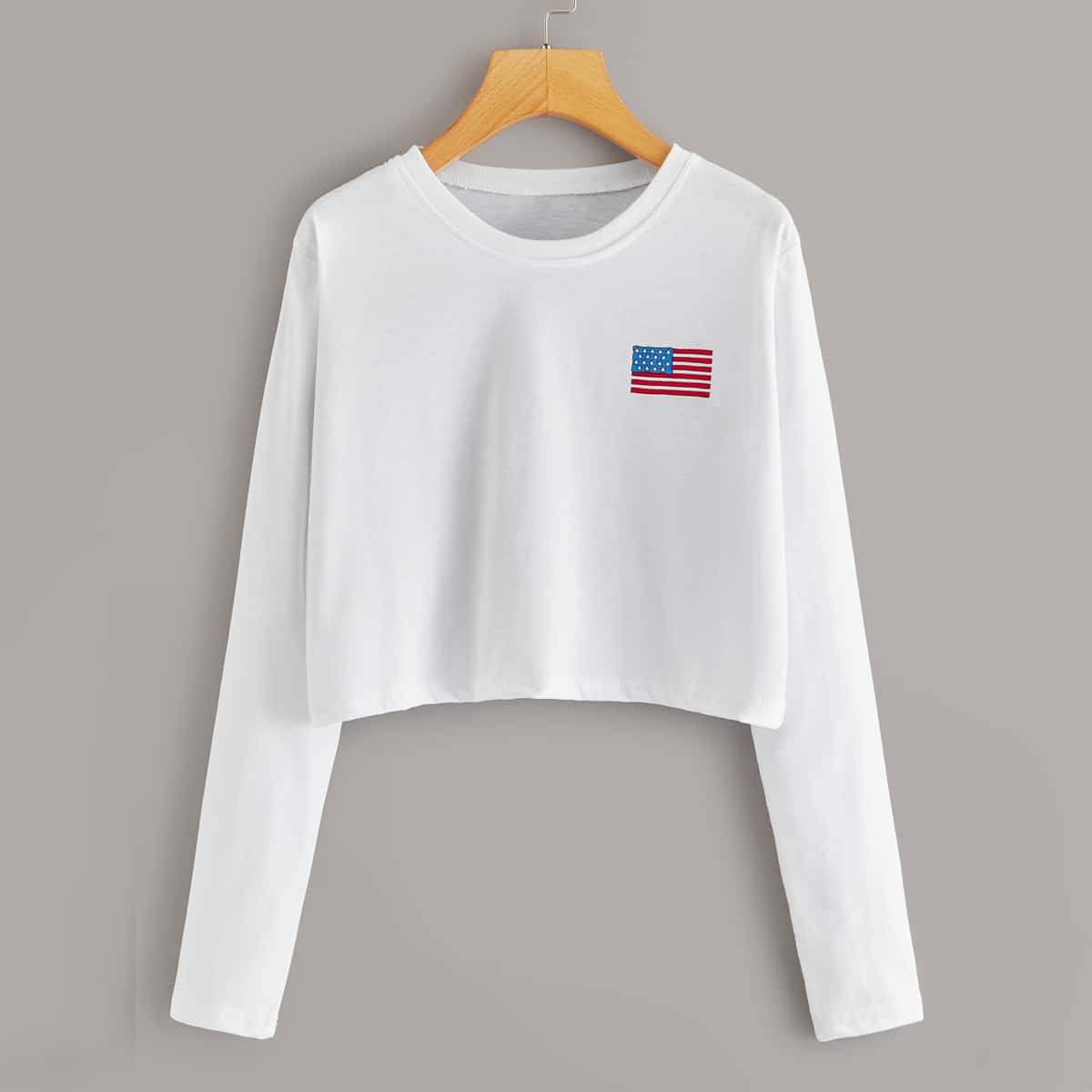 

Flag Print Long Sleeve Crop Tee, White