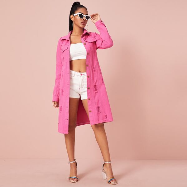 

Solid Ripped Flap Pocket Longline Denim Coat, Pink