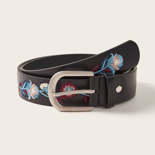 

Flower Embroidery Buckle Belt, Black