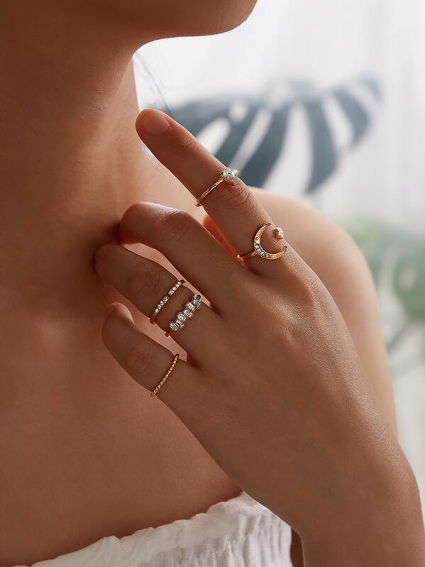 

Rhinestone Engraved Moon Decor Ring 5pcs, Gold