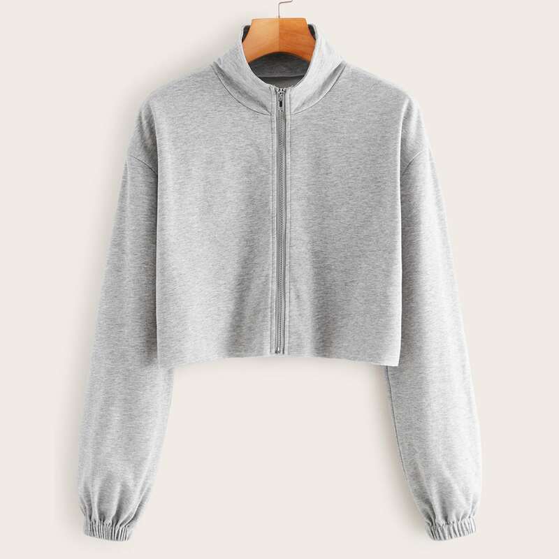

Zip-up Solid Crop Sweatshirt, Grey