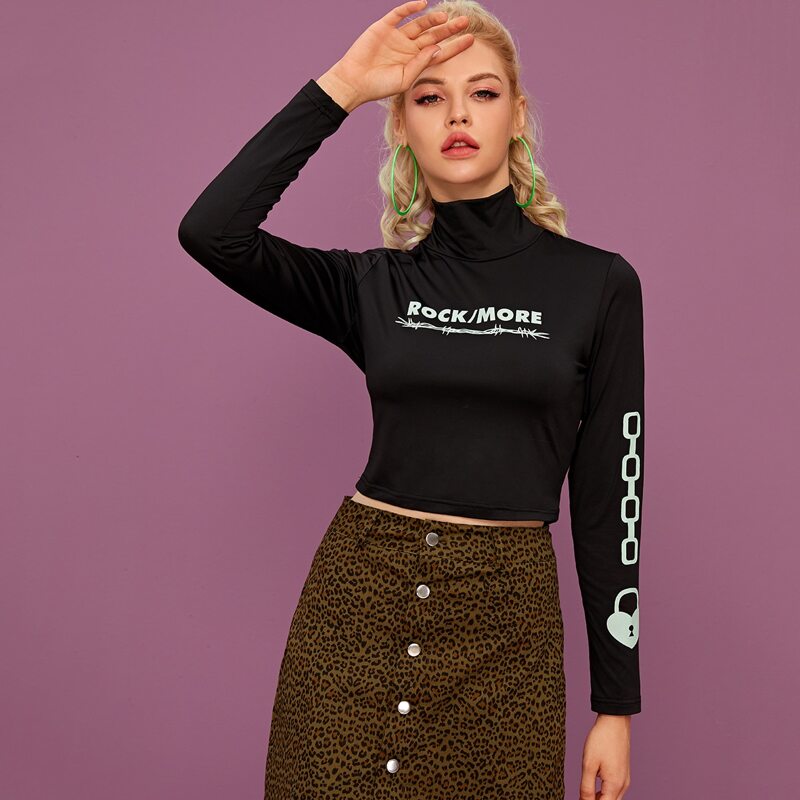 

Chain & Letter Graphic High Neck Crop Tee, Black