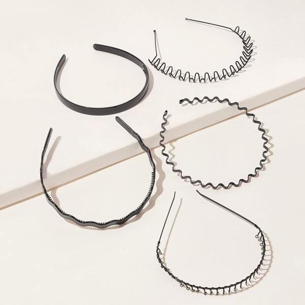 

5pcs Skinny Wave Design Metal Headband, Black