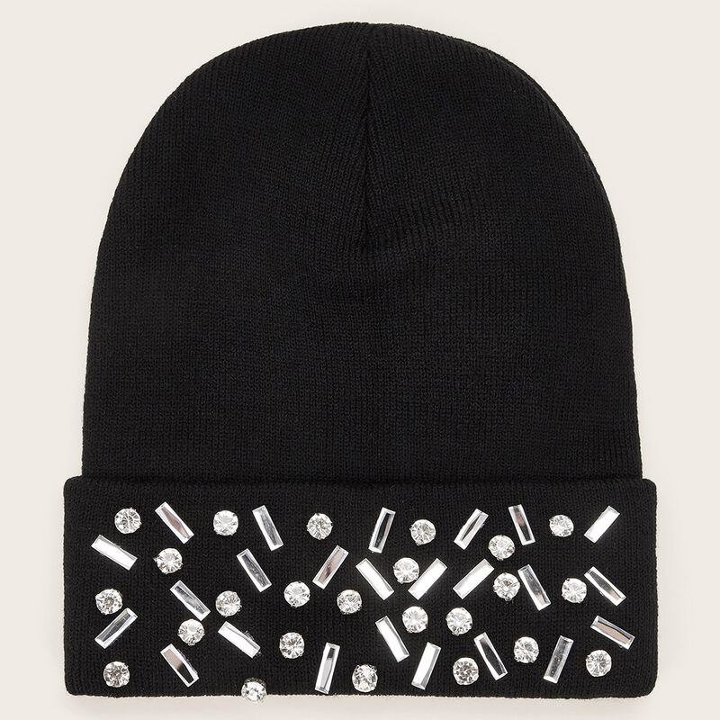 

Rhinestone Decor Cuffed Knit Beanie, Black