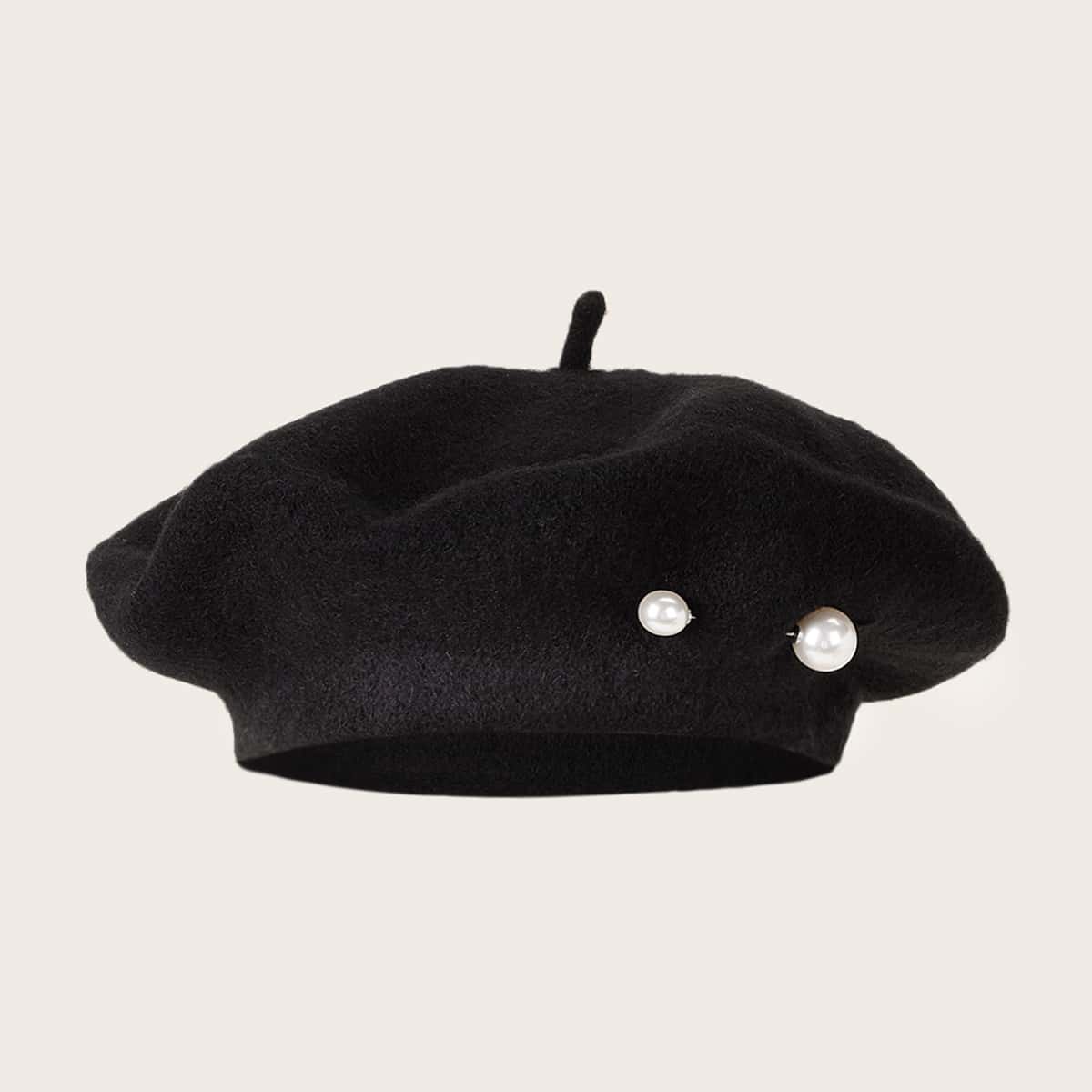 

Faux Pearl Decor Beret, Black