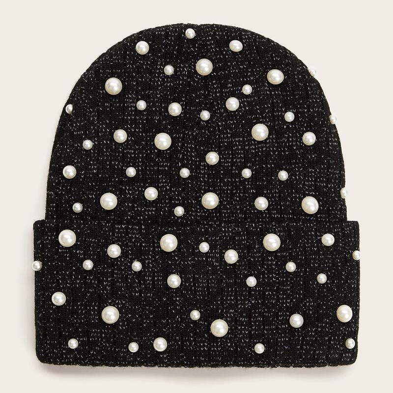 

Faux Pearl Decor Cuffed Knit Beanie, Black