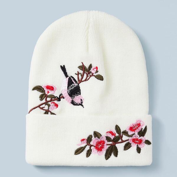 

Flower & Bird Embroidery Beanie, White