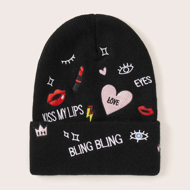 

Heart & Lipstick Embroidery Cuffed Beanie, Black