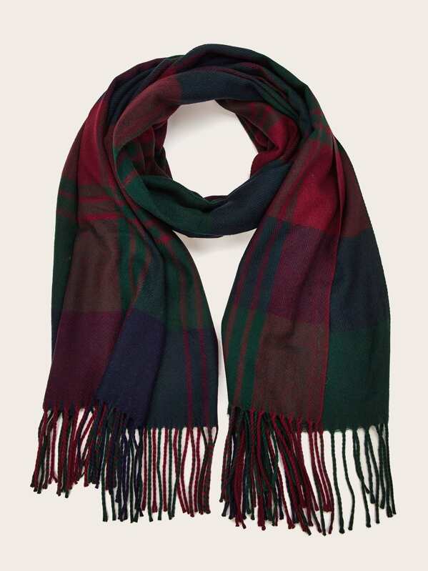 

Plaid Pattern Fringe Hem Scarf, Multicolor