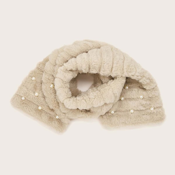 

Faux Pearl Decor Fluffy Scarf, Beige