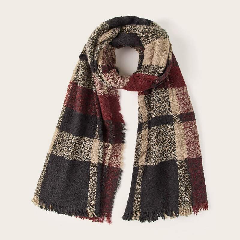 

Plaid Pattern Fringe Hem Scarf, Multicolor