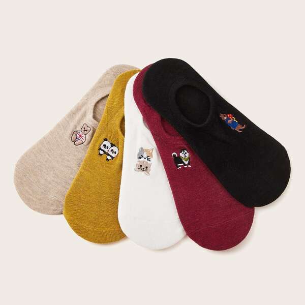 

5pairs Panda & Fox Embroidery Invisible Socks, Multicolor