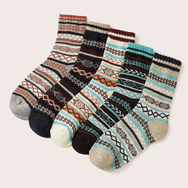 

5pairs Geometric Pattern Socks, Multicolor