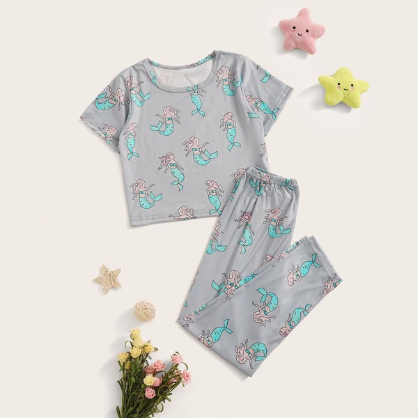 

Girls Mermaid Print PJ Set, Grey