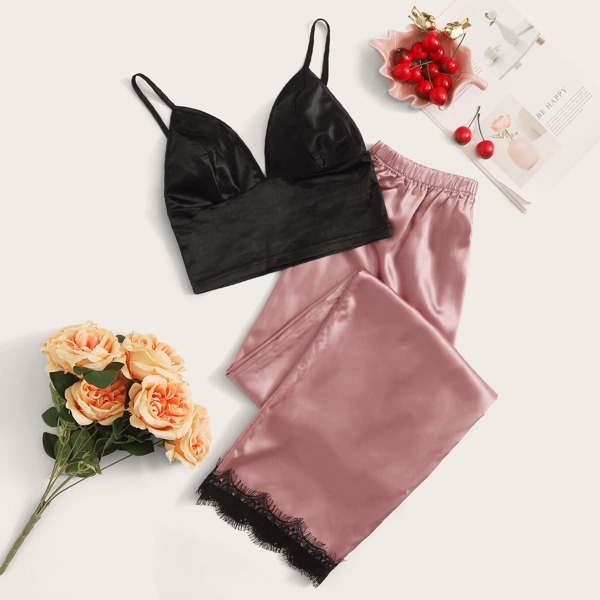 

Lace Trim Satin Cami Top With Pants PJ Set, Multicolor