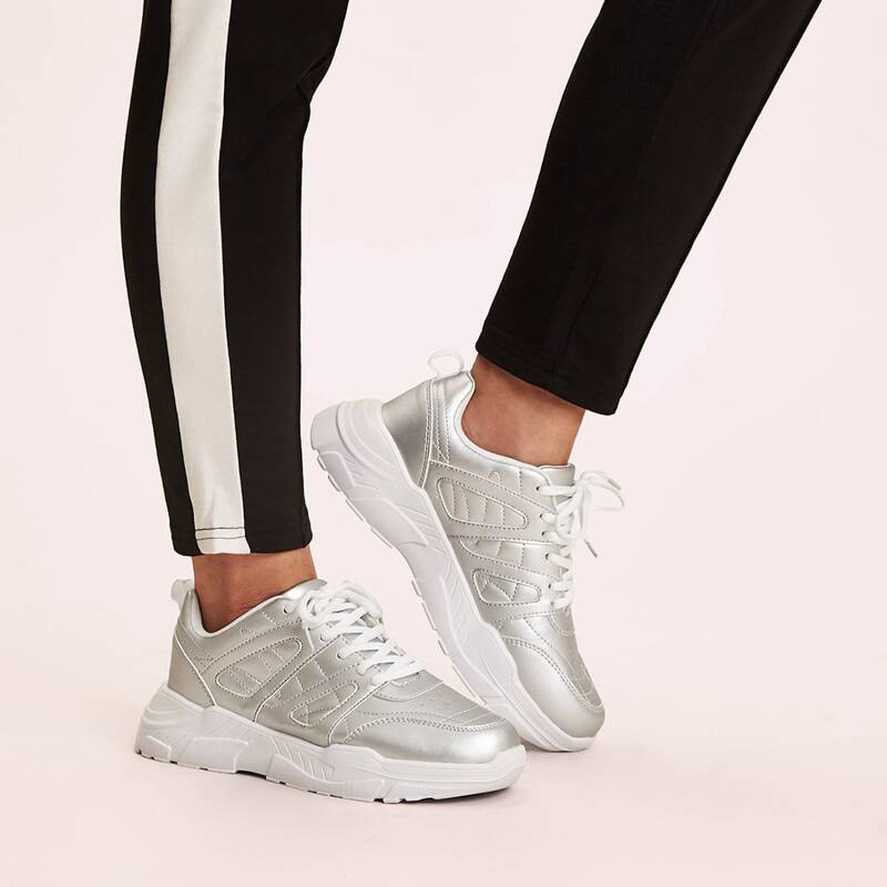 

Metallic Lace-up Front Chunky Sneakers, Silver