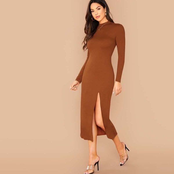 

Mock Neck Split Thigh Solid Dress, Brown