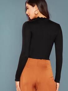 SHEIN Solid Stand Neck Lettuce Trim Crop Tee - Black - View 2