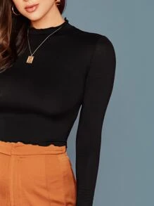 SHEIN Solid Stand Neck Lettuce Trim Crop Tee - Black - View 4