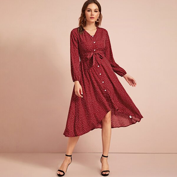 

Confetti Print Button Through Belted Dress, Burgundy