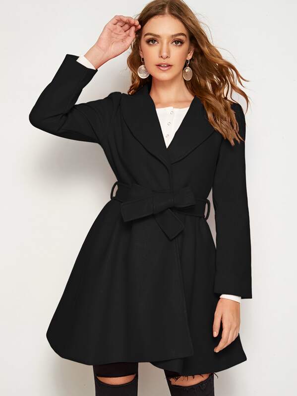 

Solid Belted Flared Hem Coat, Black, Luiza