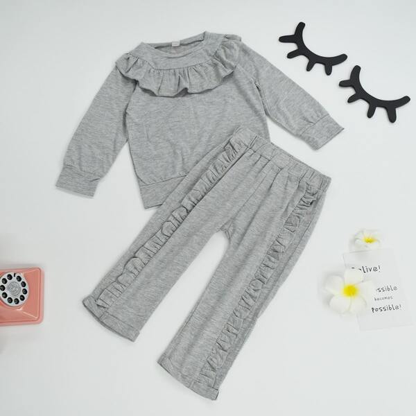 

Toddler Girls Ruffle Trim Sweatshirt With Frill Pants, Grey