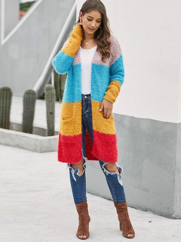 

Color-Block Dual Pocket Fuzzy Longline Cardigan, Multicolor, Debi Cruz