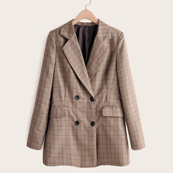 

Double Breasted Lapel Neck Plaid Blazer, Khaki