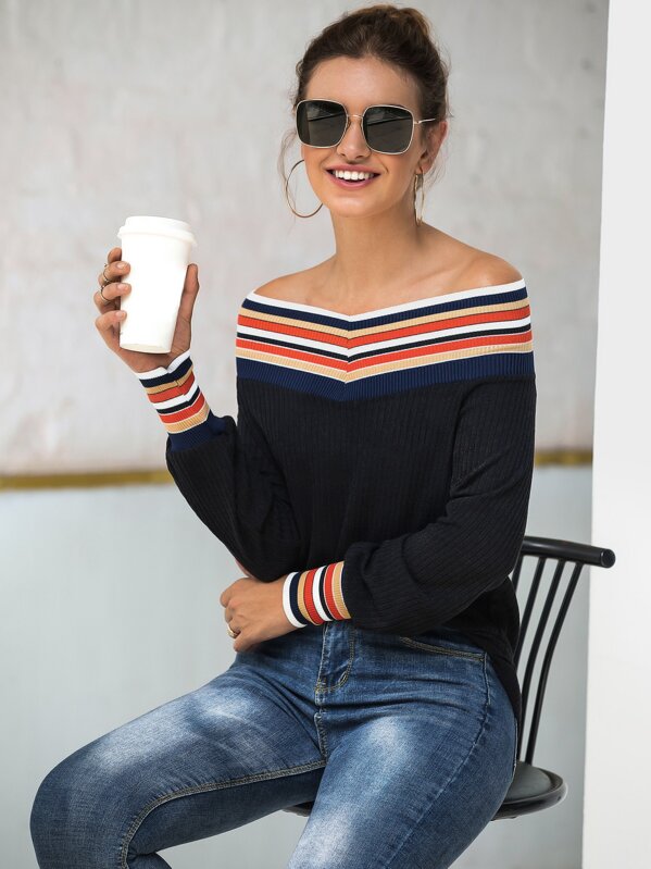 

Striped Off The Shoulder Sweater, Black, Luiza