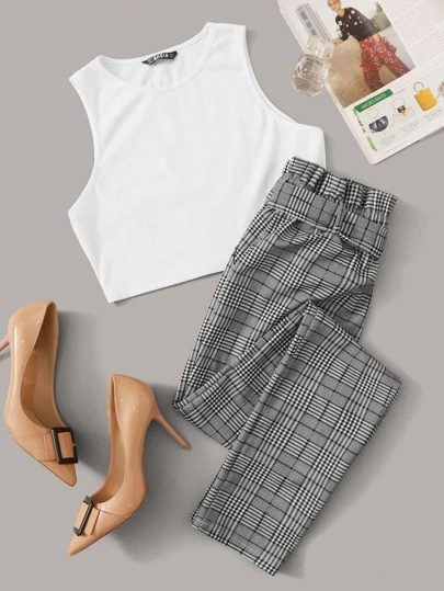 SHEIN Essnce Crop Tank Top & Paperbag Waist Plaid Pants Set