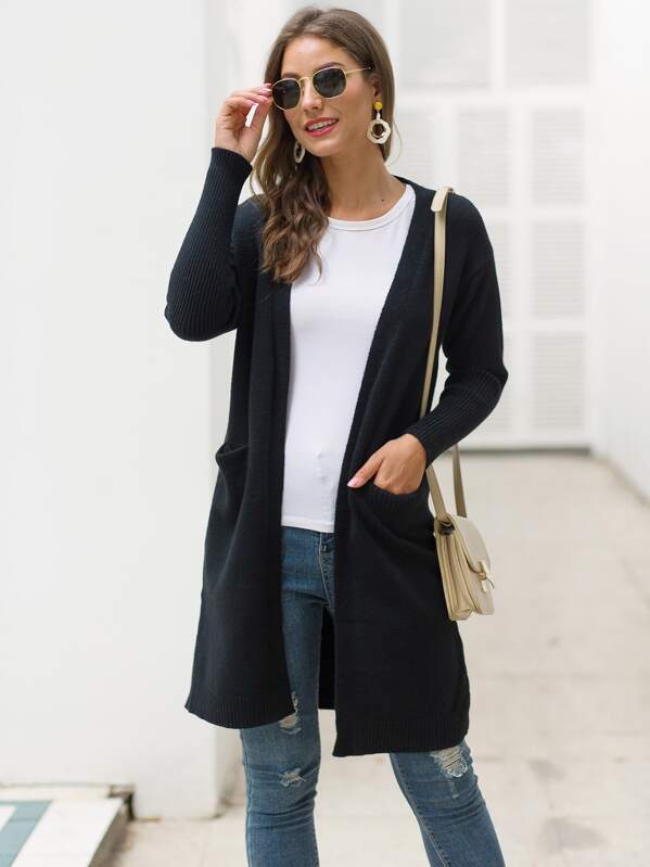 

Leg-of-mutton Sleeve Dual Pockets Cardigan, Black