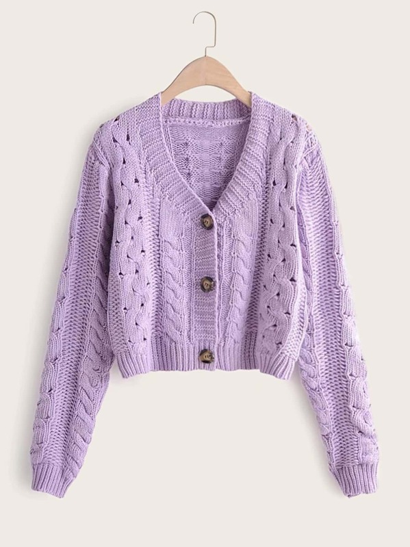 

Pointelle Knit Button Through Crop Cardigan, Purple