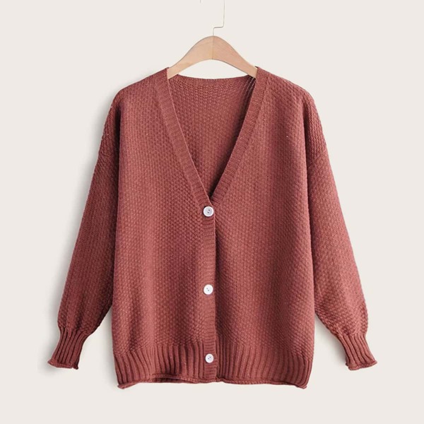 

Solid Single Breasted Drop Shoulder Cardigan, Red