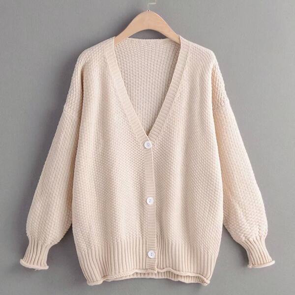 

Solid Drop Shoulder V Neck Button Front Cardigan, Beige
