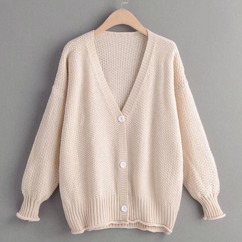 

Solid Drop Shoulder V Neck Button Front Cardigan, Beige