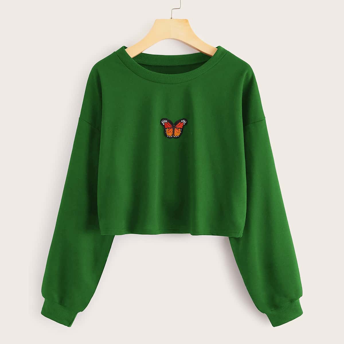 

Butterfly Patched Crop Green Sweatshirt