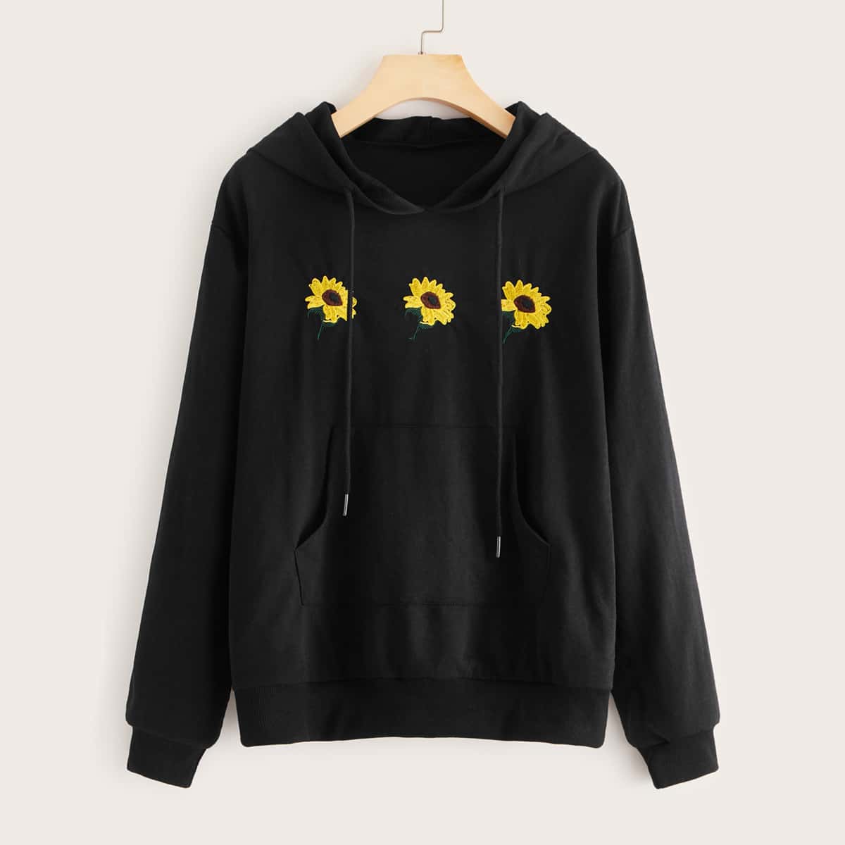 

Sunflower Embroidery Kangaroo Pocket Drawstring Hoodie, Black