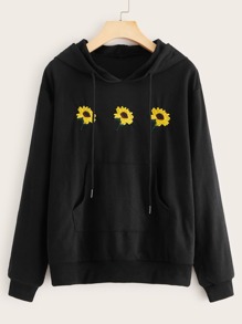 Sunflower Embroidery Kangaroo Pocket Drawstring Hoodie