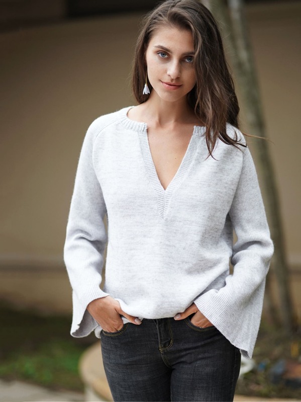 

Notched Raglan Sleeve Ribbed Sweater, Grey