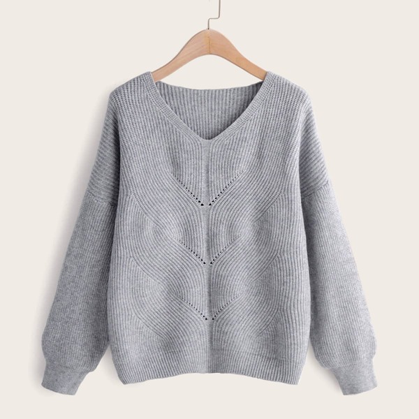 

V Neck Drop Shoulder Solid Sweater, Grey
