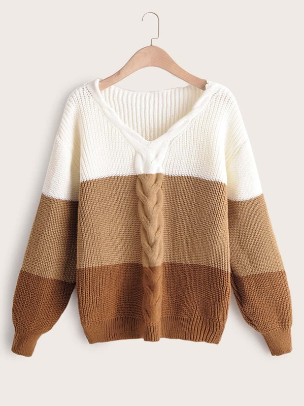 

Cable Knit Colorblock Drop Shoulder Sweater, Multicolor