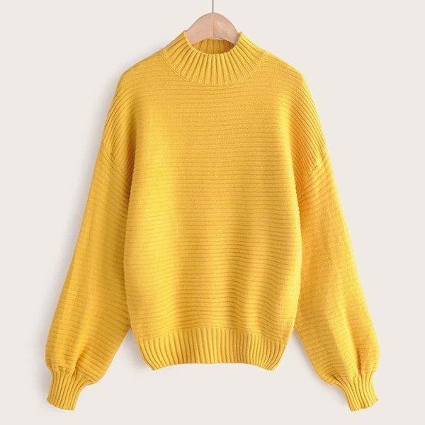 

Drop Shoulder Stand Neck Ribbed Sweater, Yellow bright