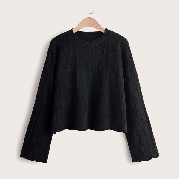 

Solid Lettuce Trim Drop Shoulder Sweater, Black
